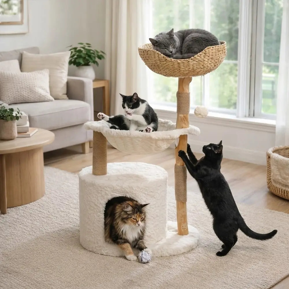 Arbre à chat en bois avec panier en rotin et hamac | ARBOR™