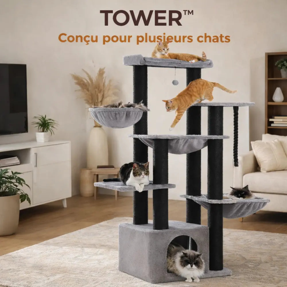 Arbre à chat XXL avec hamacs et griffoir sisal | TOWER™