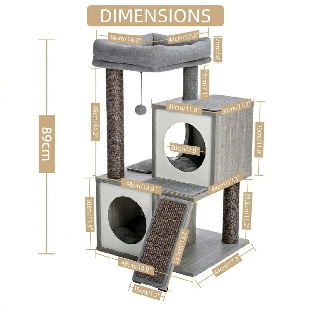 Arbre à chat bois avec niches, griffoirs et plateforme | CUBY™
