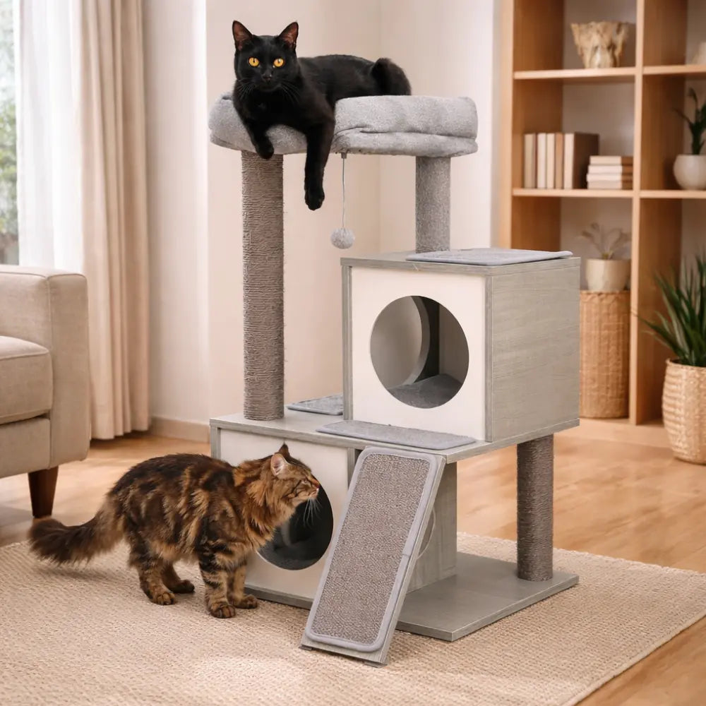 Arbre à chat bois avec niches, griffoirs et plateforme | CUBY™