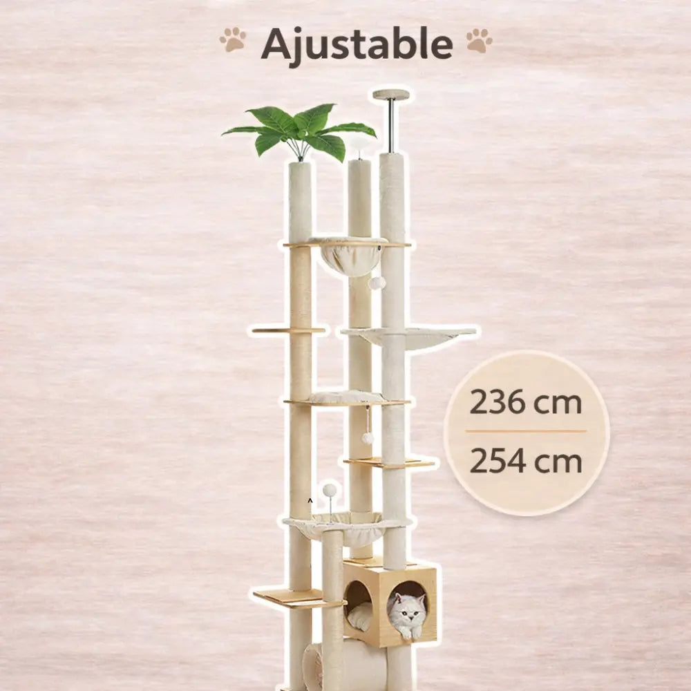 Arbre à chat bois réglable sol plafond avec hamac | NEXUS™