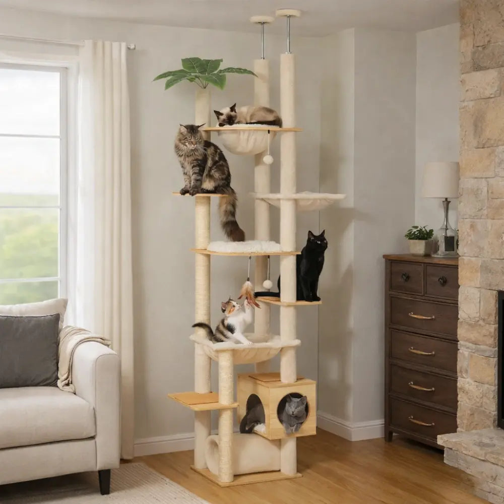 Arbre à chat bois réglable sol plafond avec hamac | NEXUS™