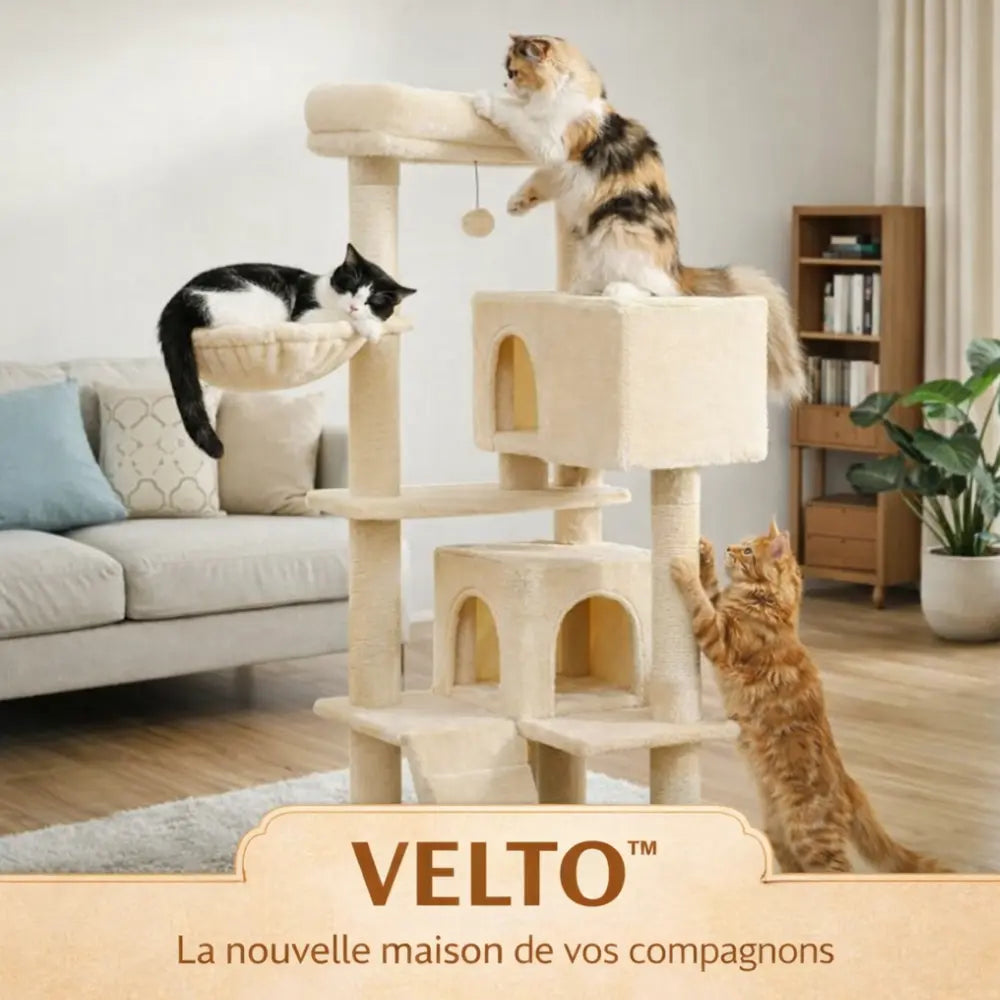 Arbre à chat en bois avec condo XXL et hamac | VELTO™