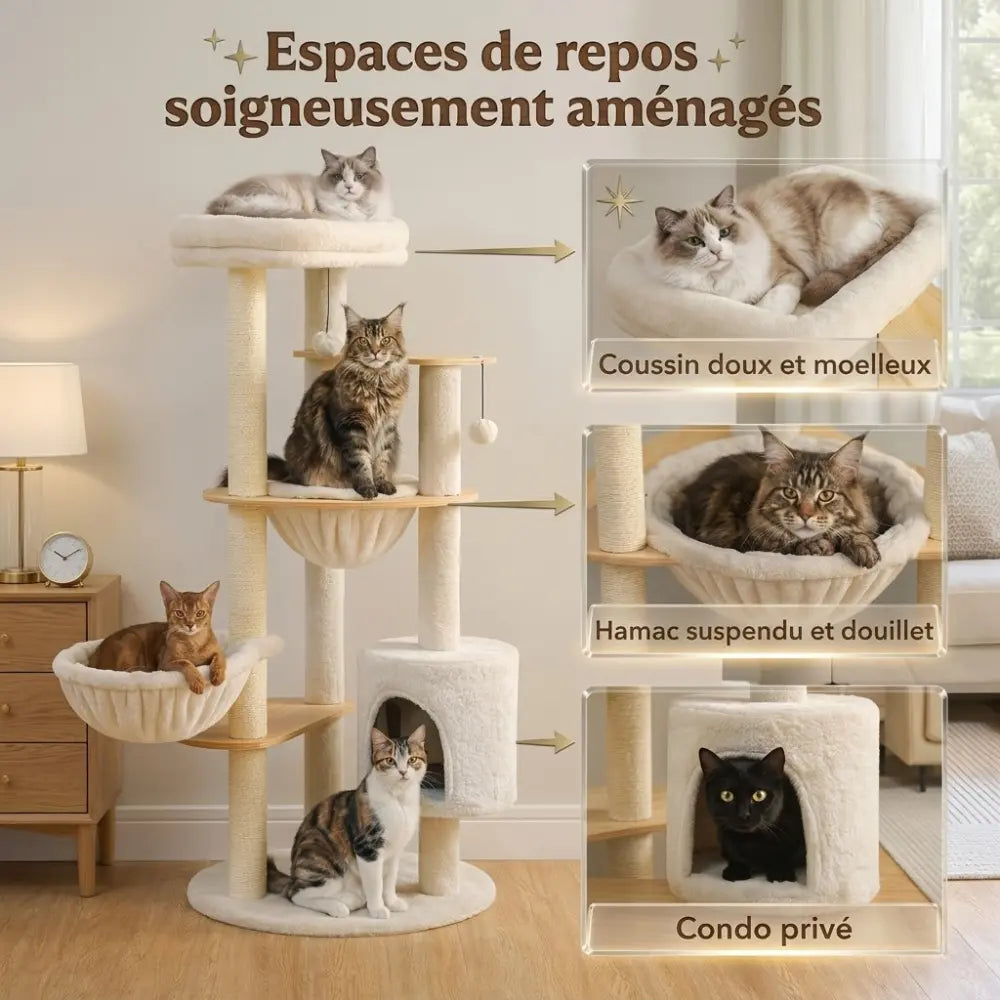 Arbre à chat bois avec hamacs suspendus et niches | LUMIA™