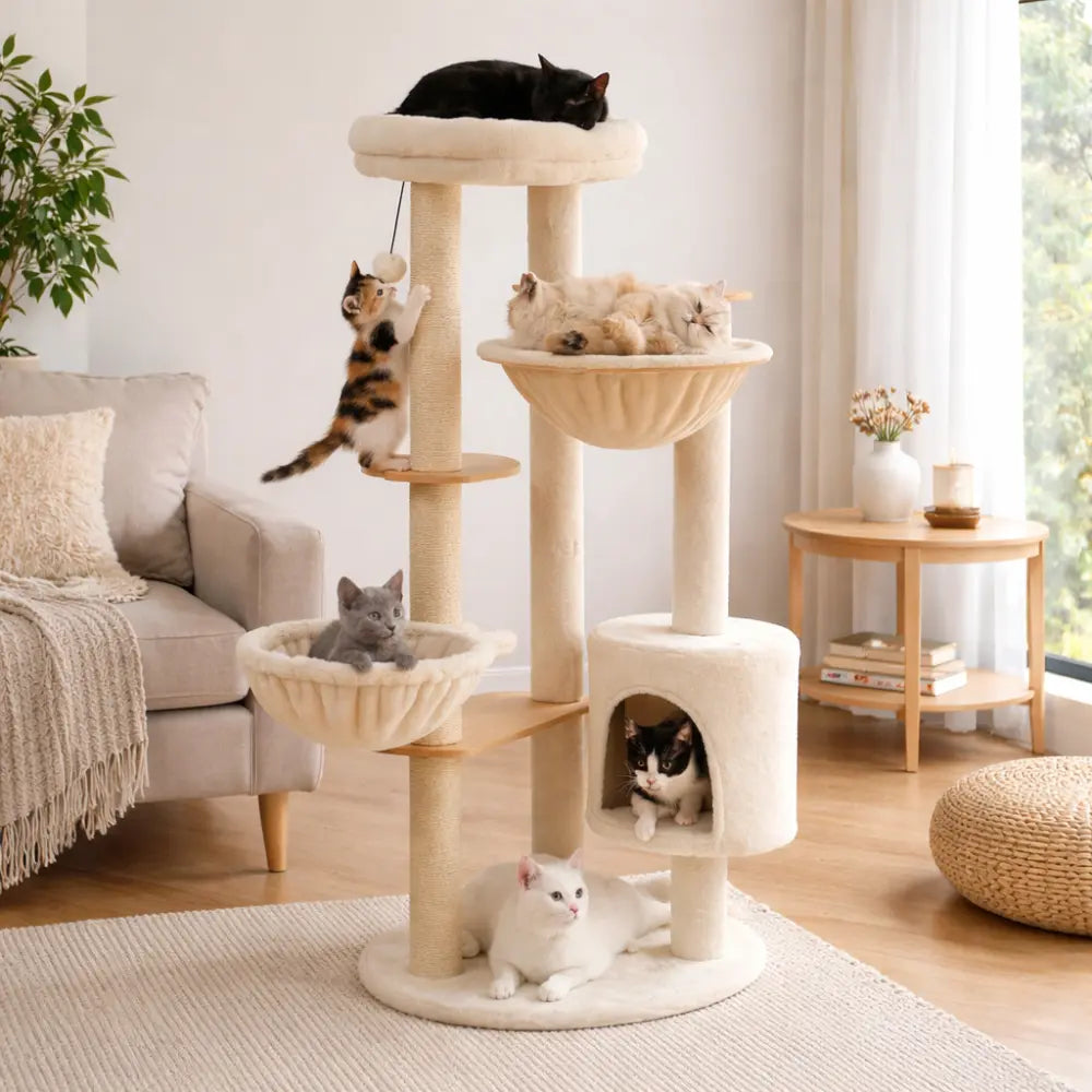 Arbre à chat bois avec hamacs suspendus et niches | LUMIA™