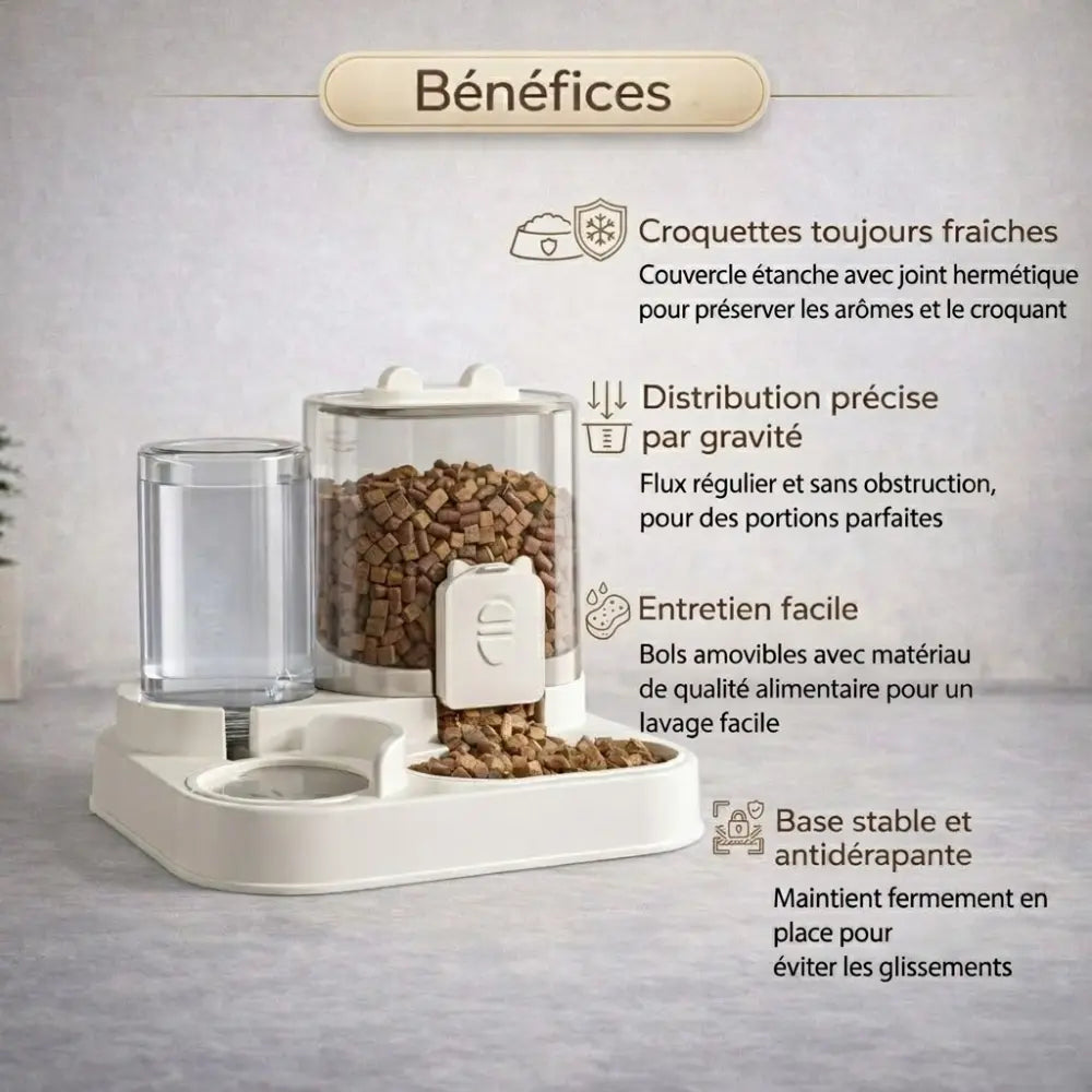 Distributeur de croquettes chat 2L autonome avec fontaine d’eau | BASICFEED™