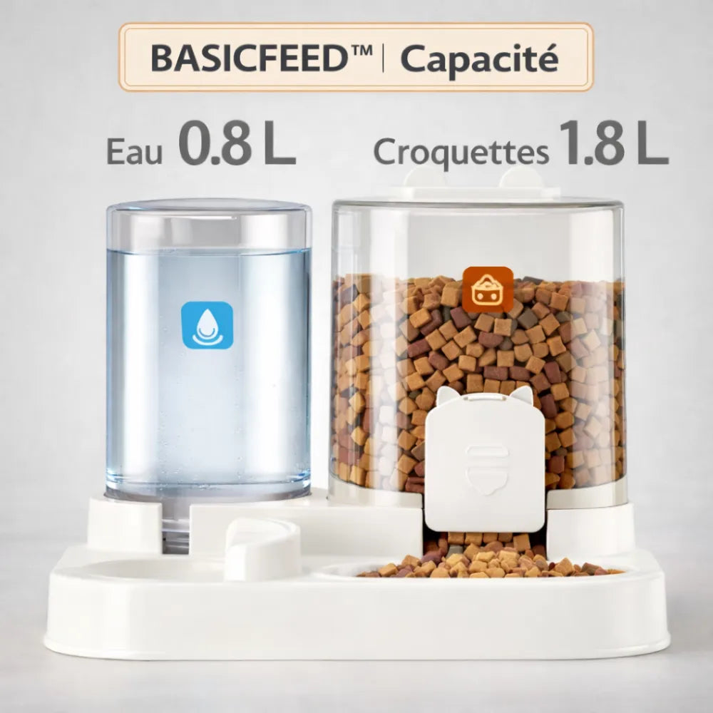 Distributeur de croquettes chat 2L autonome avec fontaine d’eau | BASICFEED™