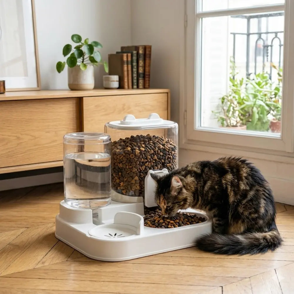 Distributeur de croquettes chat 2L autonome avec fontaine d’eau | BASICFEED™