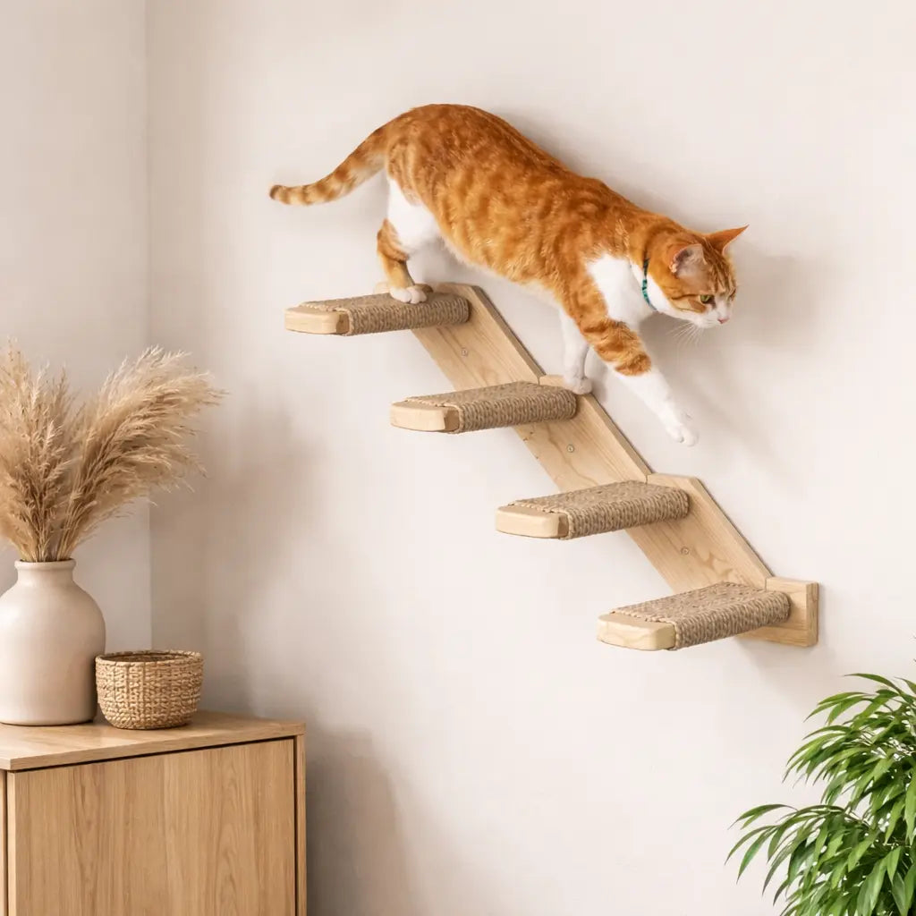 Étagère murale chat escalier en bois avec corde de jute | NIMBO