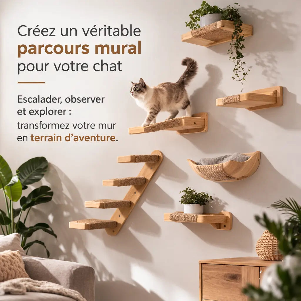 Étagère murale chat escalier en bois avec corde de jute | NIMBO