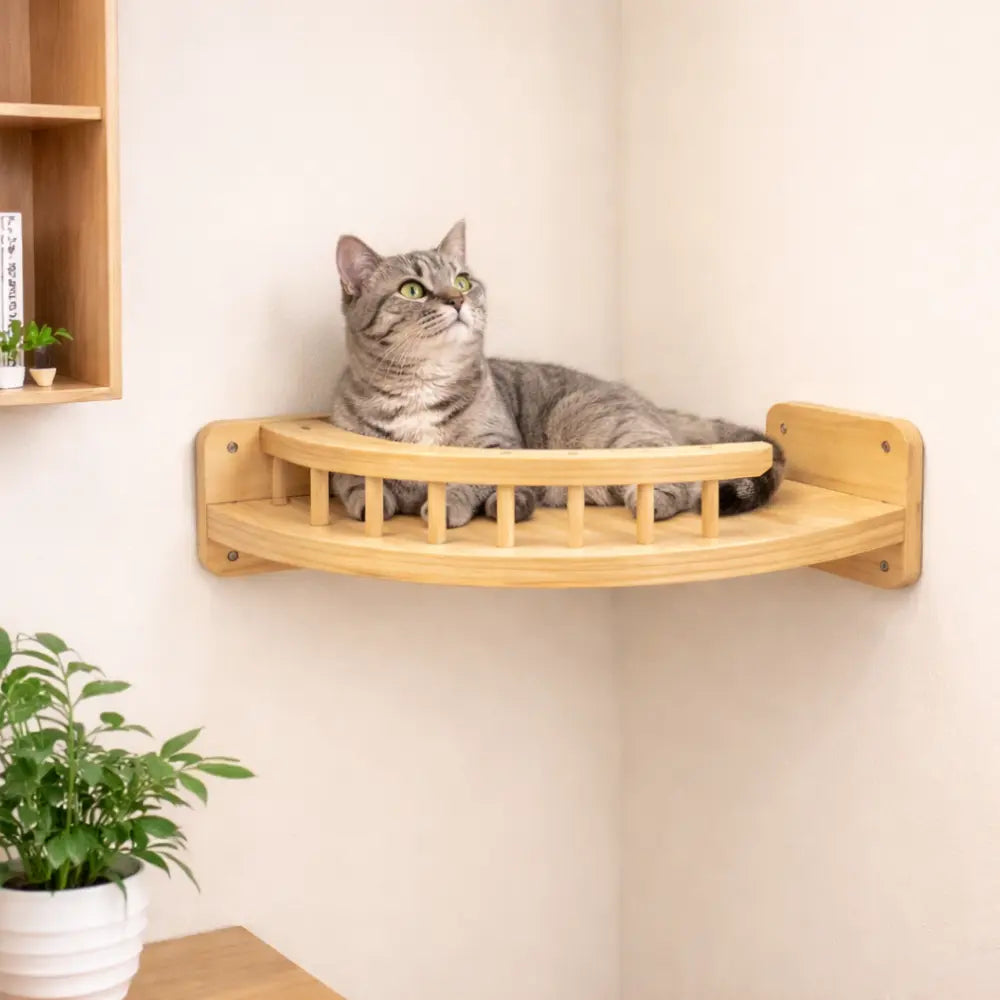 Étagère murale d’angle pour chat en bois avec rebords | LOOP ANGLE