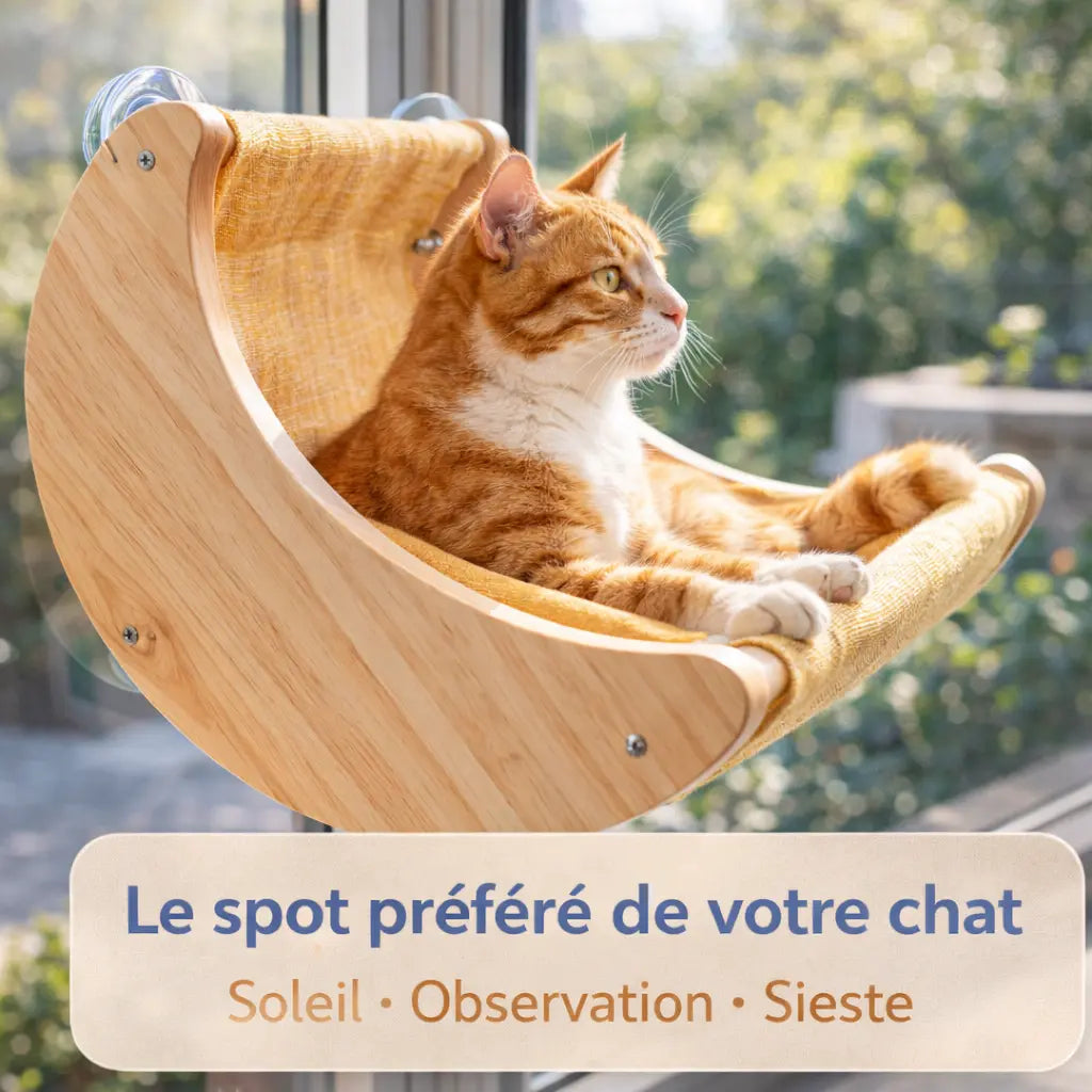 Hamac chat fenêtre courbé en bois design | ORION