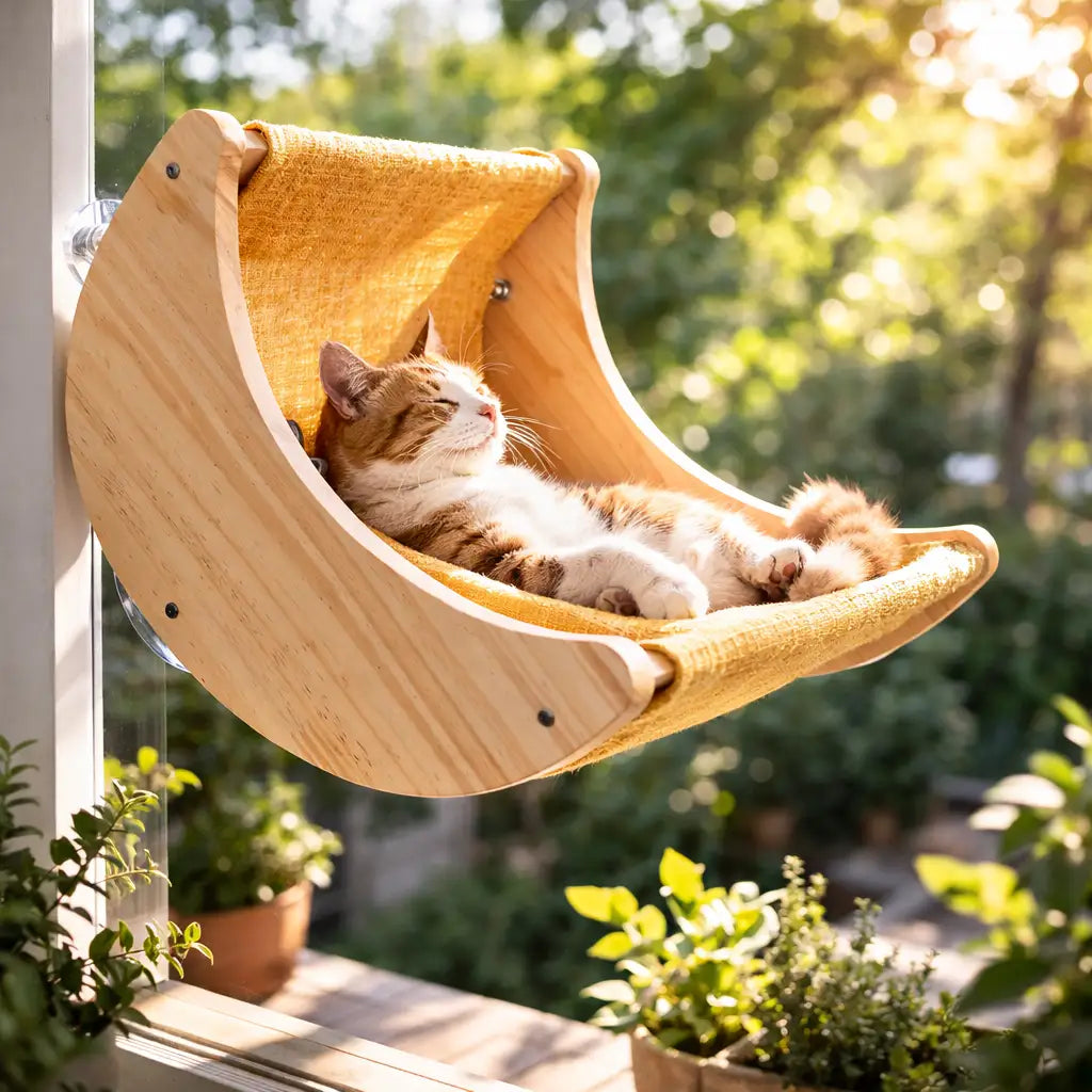 Hamac chat fenêtre courbé en bois design | ORION