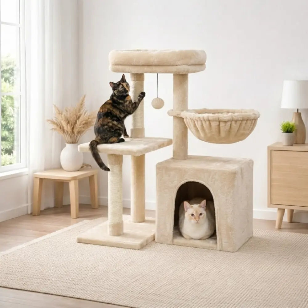 Petit arbre à chat en bois avec hamac, niche et griffoirs | NIDO™